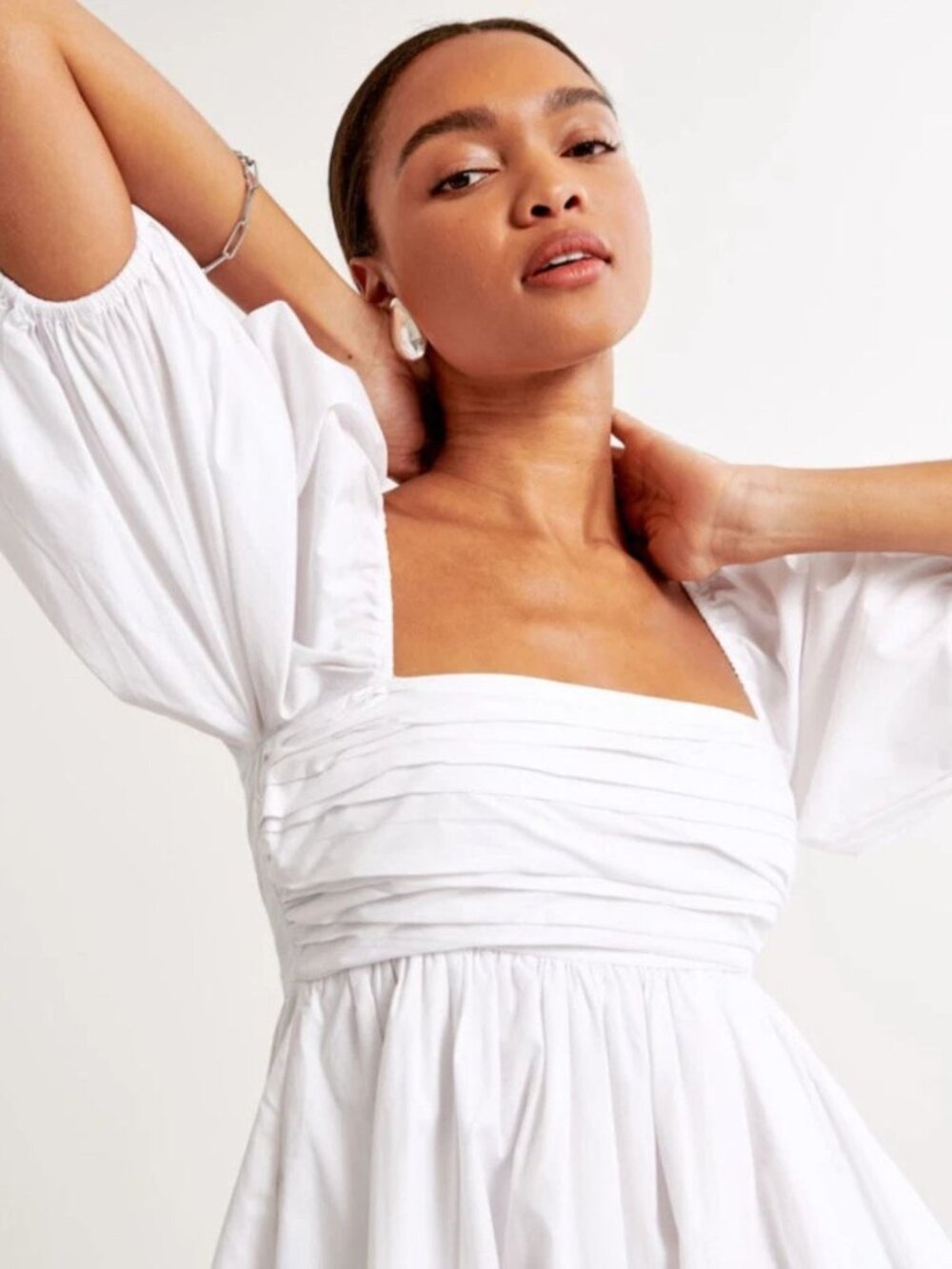 Abercrombie & Fitch White Emerson Pleated Puff Sleeve Mini Dress S 8466 - Picture 3 of 11